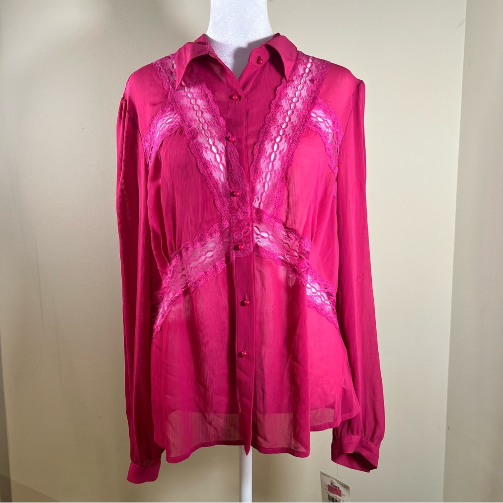 Y2k Vintage Sheer Pink Button Down Blouse with Lace Detail Size 14/16